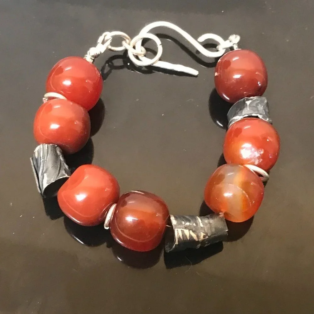 Barrel Carnelian Chunky Bracelet Sterling Silver Tribal Rustic Primitive 925